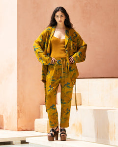 PANTALONI MUJI IN VISCOSA JAQUARD STAMPATA E BANDA LUREX