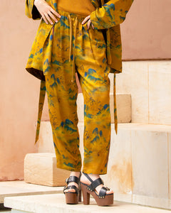 PANTALONI MUJI IN VISCOSA JAQUARD STAMPATA E BANDA LUREX