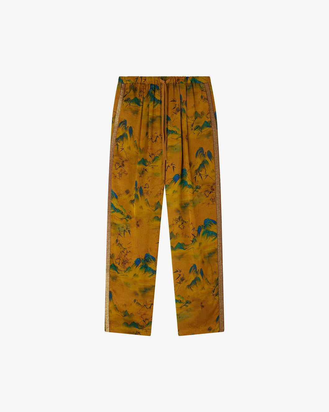 PANTALONI MUJI IN VISCOSA JAQUARD STAMPATA E BANDA LUREX