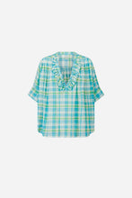 Carica l'immagine nel visualizzatore di Gallery, BLUSA DIDA MOTIVO CHECK TURCHESE E ROUCHE IN COTONE
