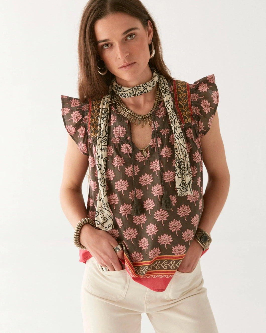 CAMICIA SMANICATA CHARLIZE IN COTONE STAMPA LOTUS